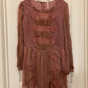Free People Crochet Lace Embroidered Long Sleeve Dress/Tunic Dusty Mauve Size S